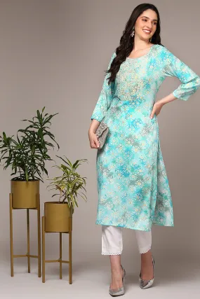 Blue Viscose Rayon Embroidered Kurta