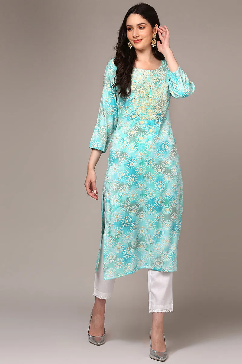 Blue Viscose Rayon Embroidered Kurta