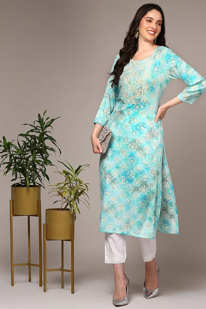 Blue Viscose Rayon Embroidered Kurta