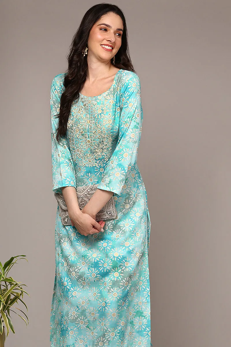 Blue Viscose Rayon Embroidered Kurta