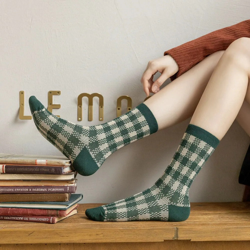 British Retro Green Plaid Floral Mid-Length Cotton Socks