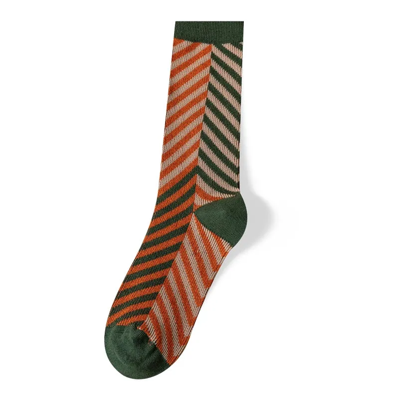 British Retro Green Plaid Floral Mid-Length Cotton Socks