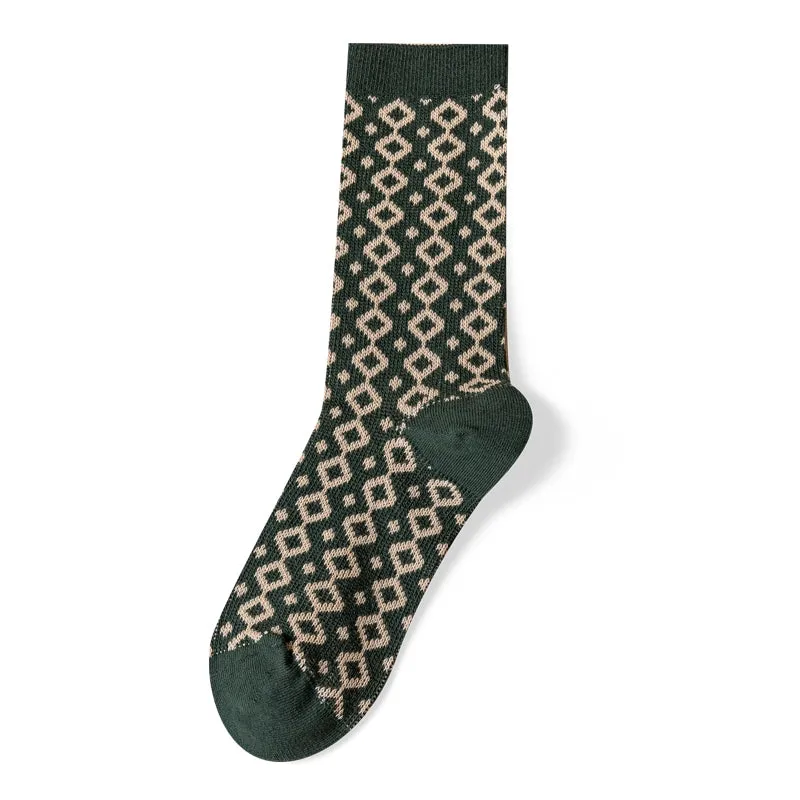 British Retro Green Plaid Floral Mid-Length Cotton Socks