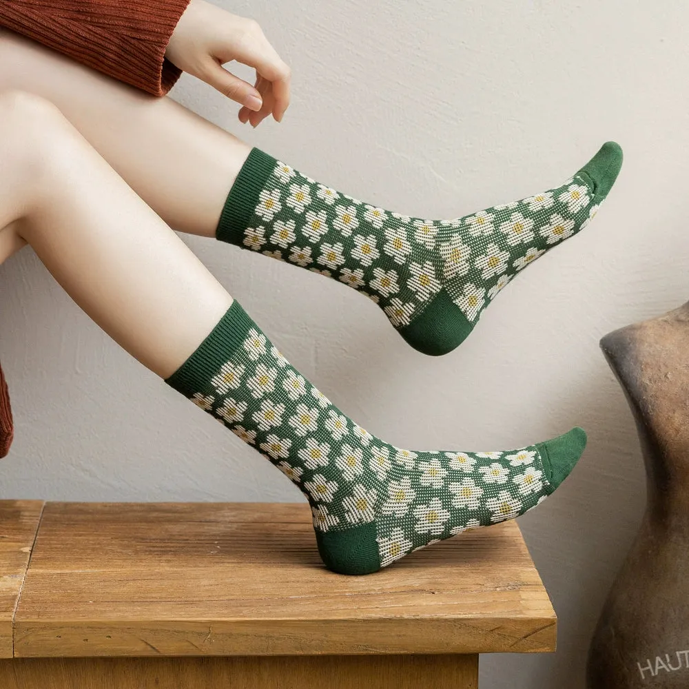 British Retro Green Plaid Floral Mid-Length Cotton Socks