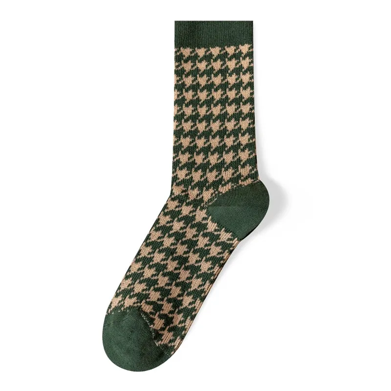 British Retro Green Plaid Floral Mid-Length Cotton Socks