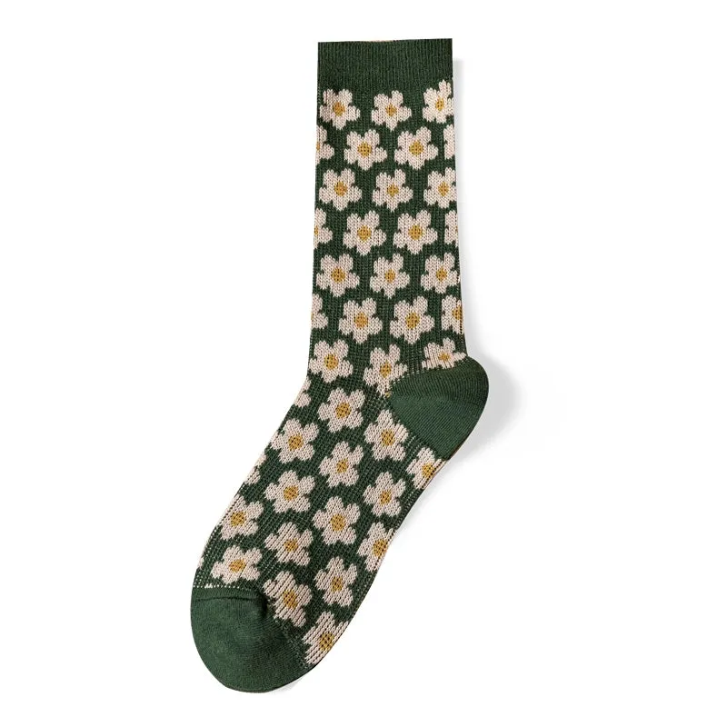 British Retro Green Plaid Floral Mid-Length Cotton Socks