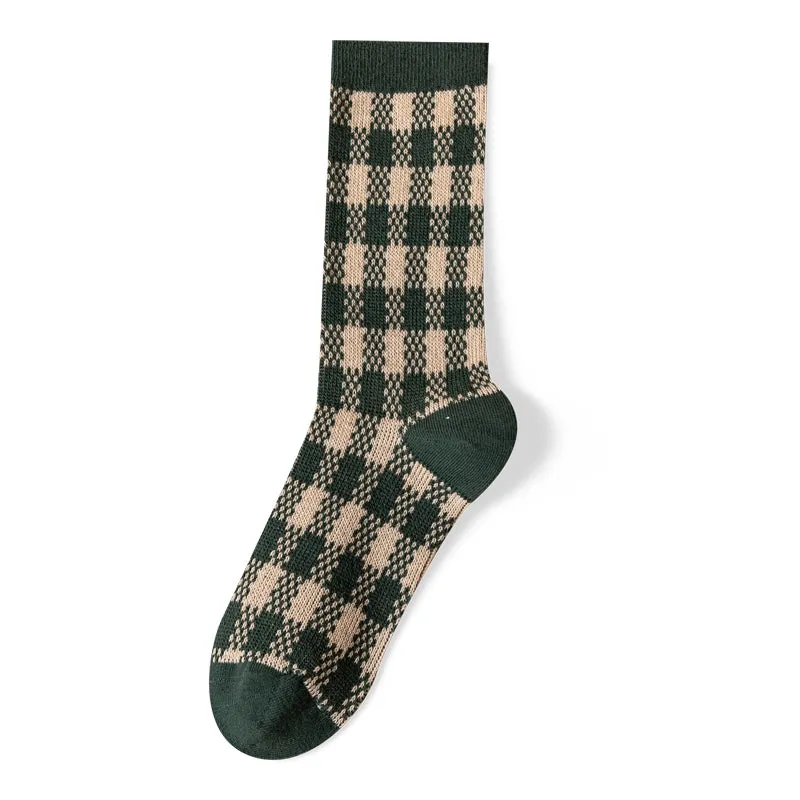 British Retro Green Plaid Floral Mid-Length Cotton Socks