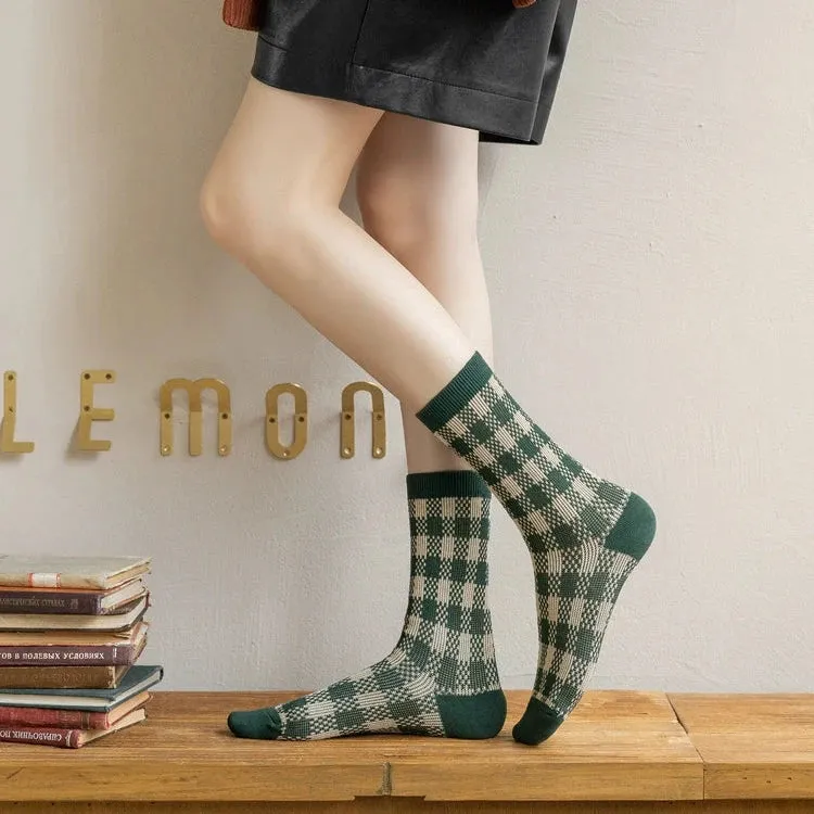 British Retro Green Plaid Floral Mid-Length Cotton Socks