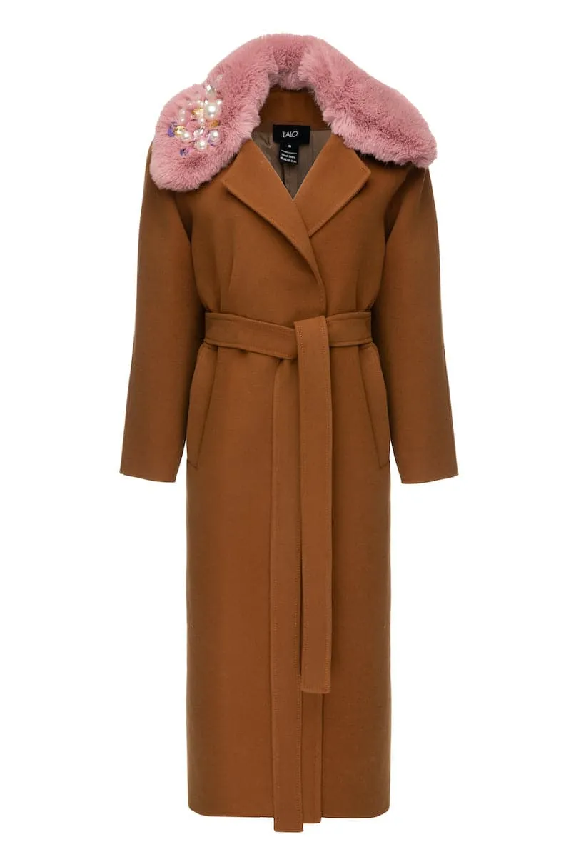 BROWN BELTED WOOL COAT WITH NECK FLEECE