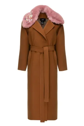 BROWN BELTED WOOL COAT WITH NECK FLEECE