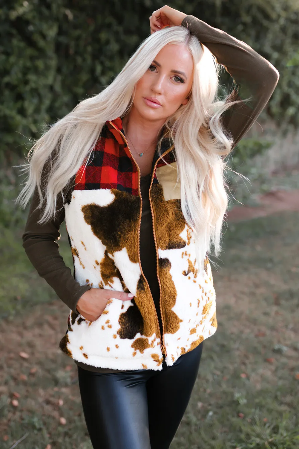 Brown Cow Print Buffalo Plaid Pocket Vest Coat