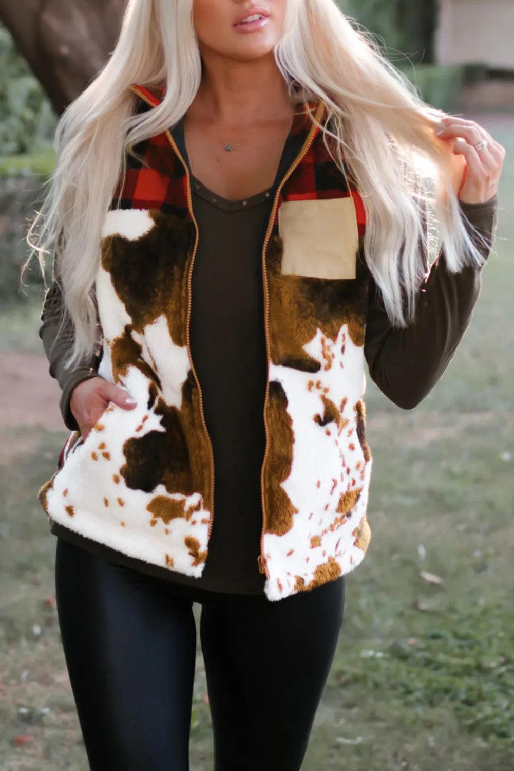 Brown Cow Print Buffalo Plaid Pocket Vest Coat