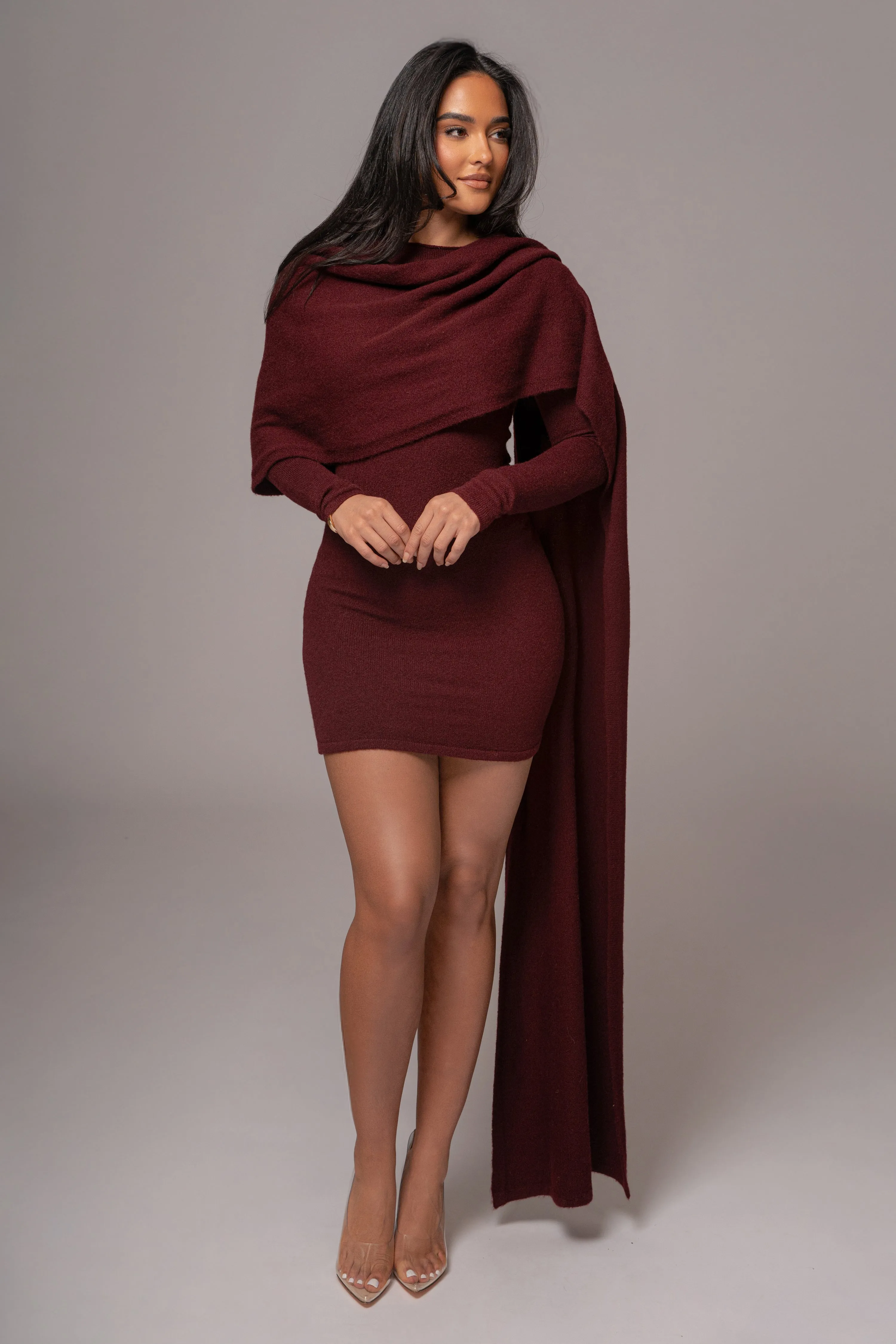 Burgundy Scarf Draped Mini Dress