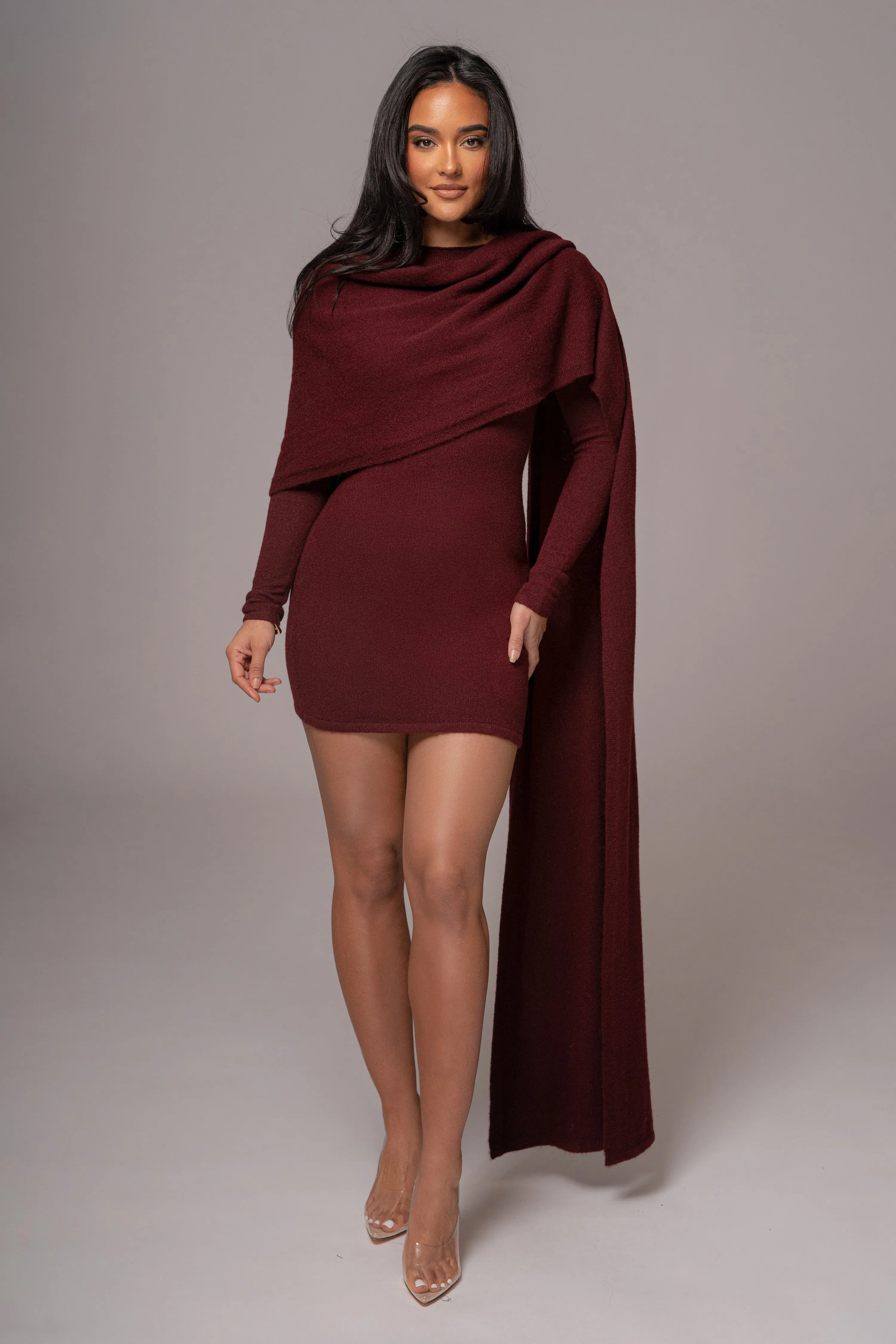 Burgundy Scarf Draped Mini Dress