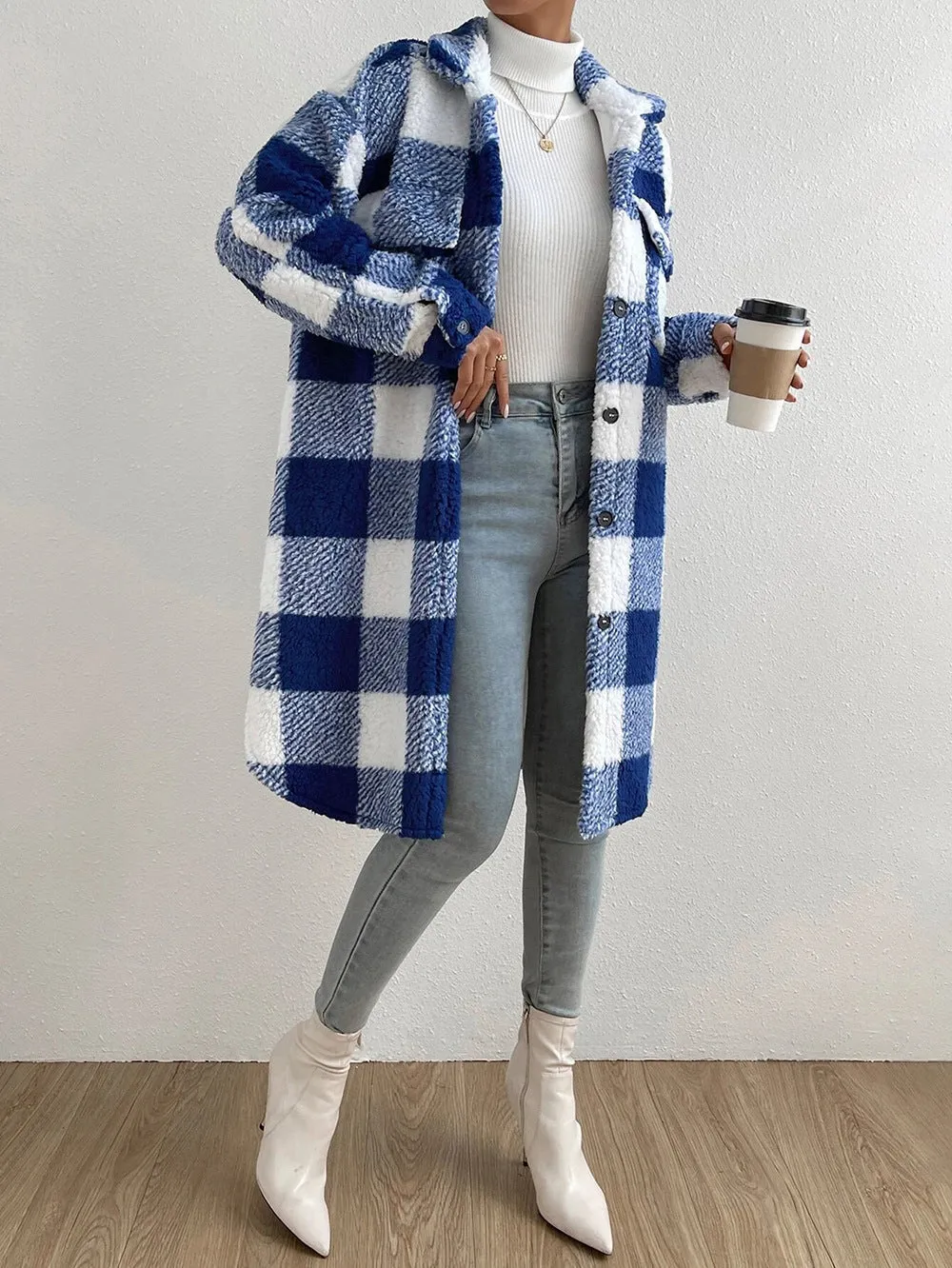 Button Front Long Sleeve Plaid Pattern Teddy Coat