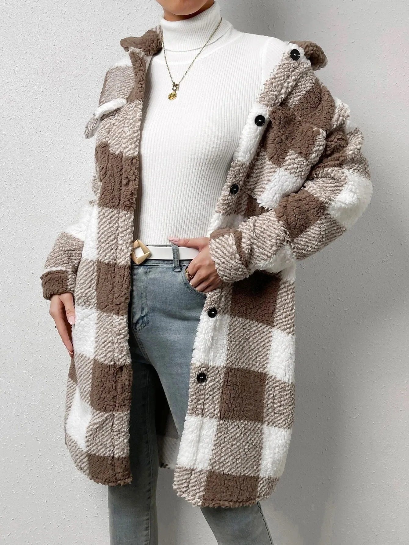 Button Front Long Sleeve Plaid Pattern Teddy Coat