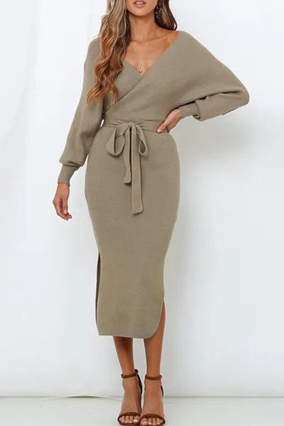 Casual Elegant Solid Backless Slit Strap Design V Neck Pencil Skirt Dresses