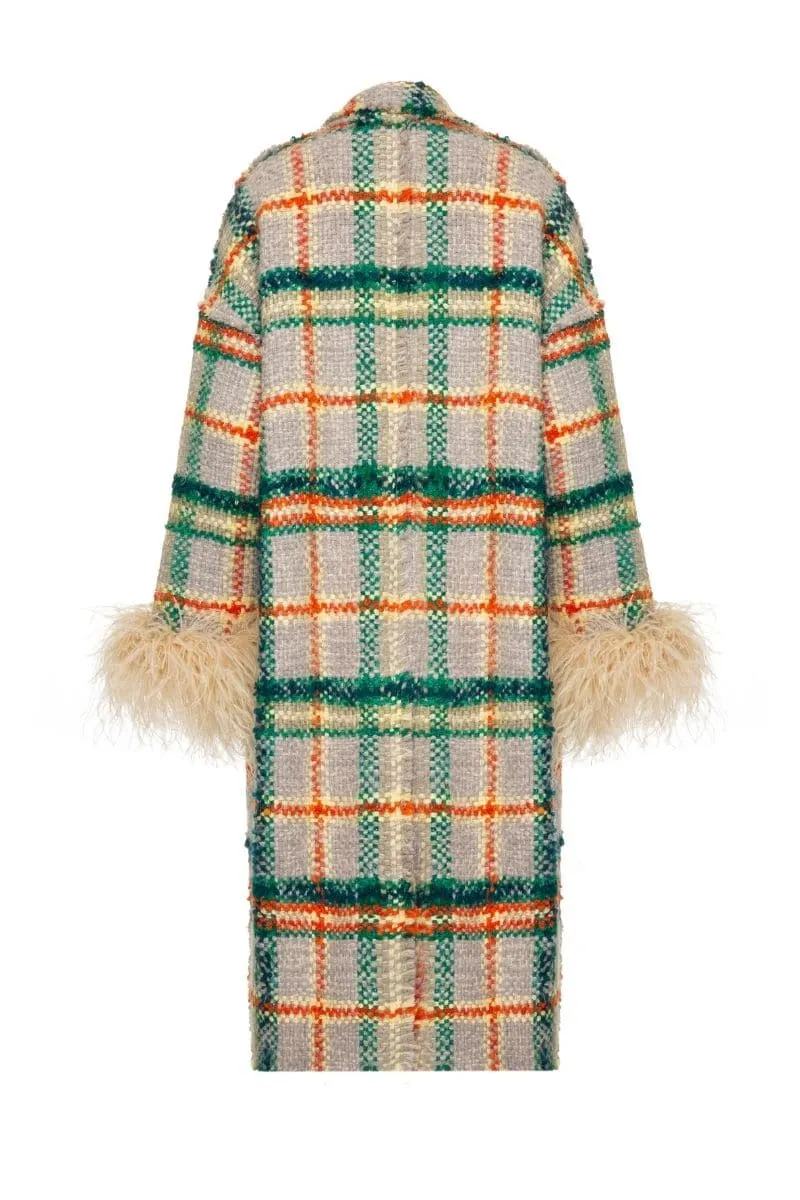 CHECKERED BEIGE WOOL AND MOHAIR-BLEND COAT