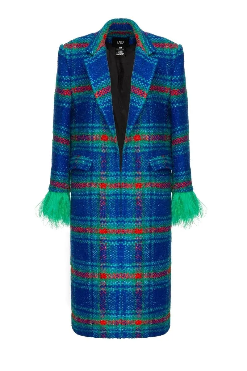 CHECKERED BLUE WOOL AND MOHAIR-BLEND COAT