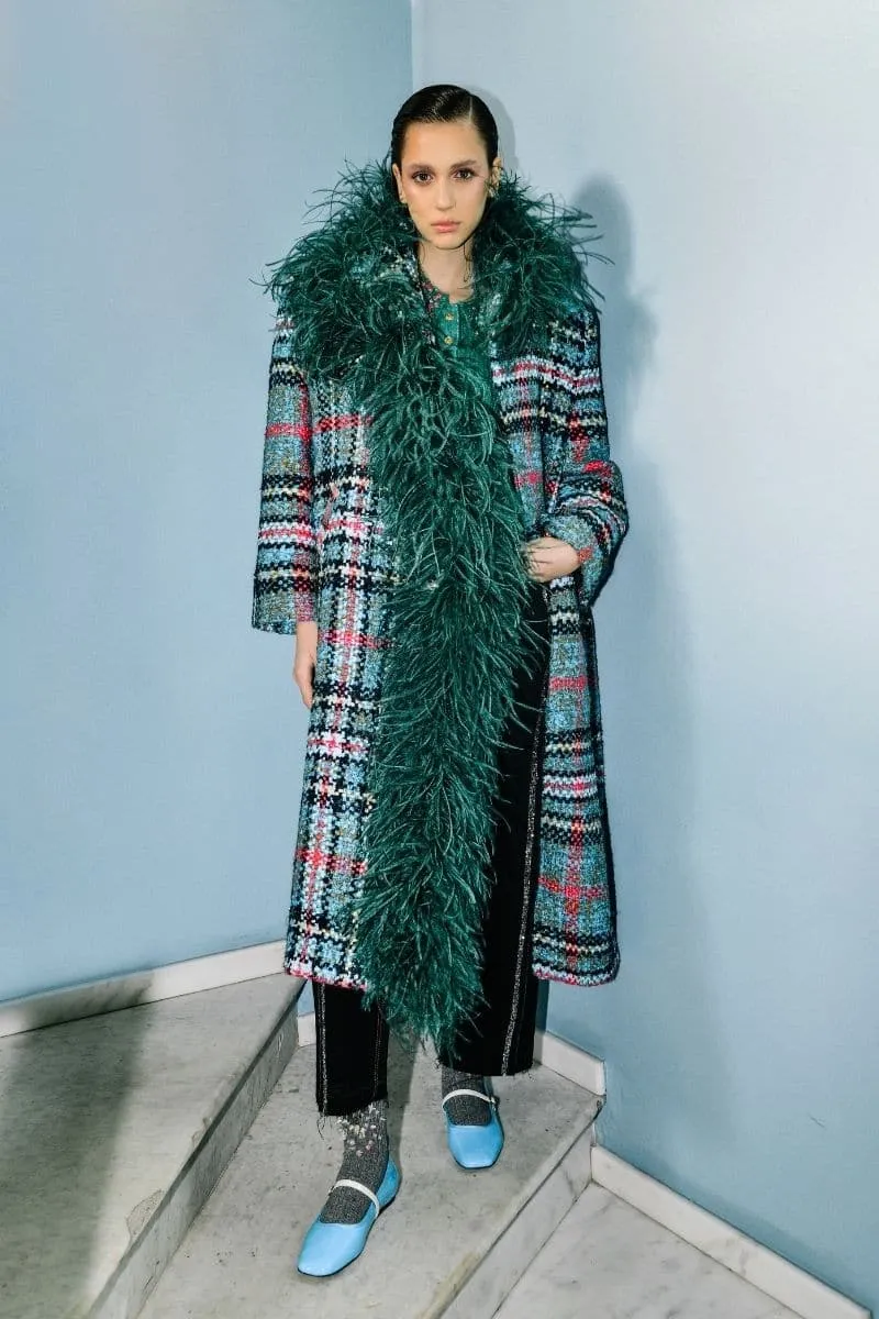 CHECKERED TWEED BOA GREEN COAT