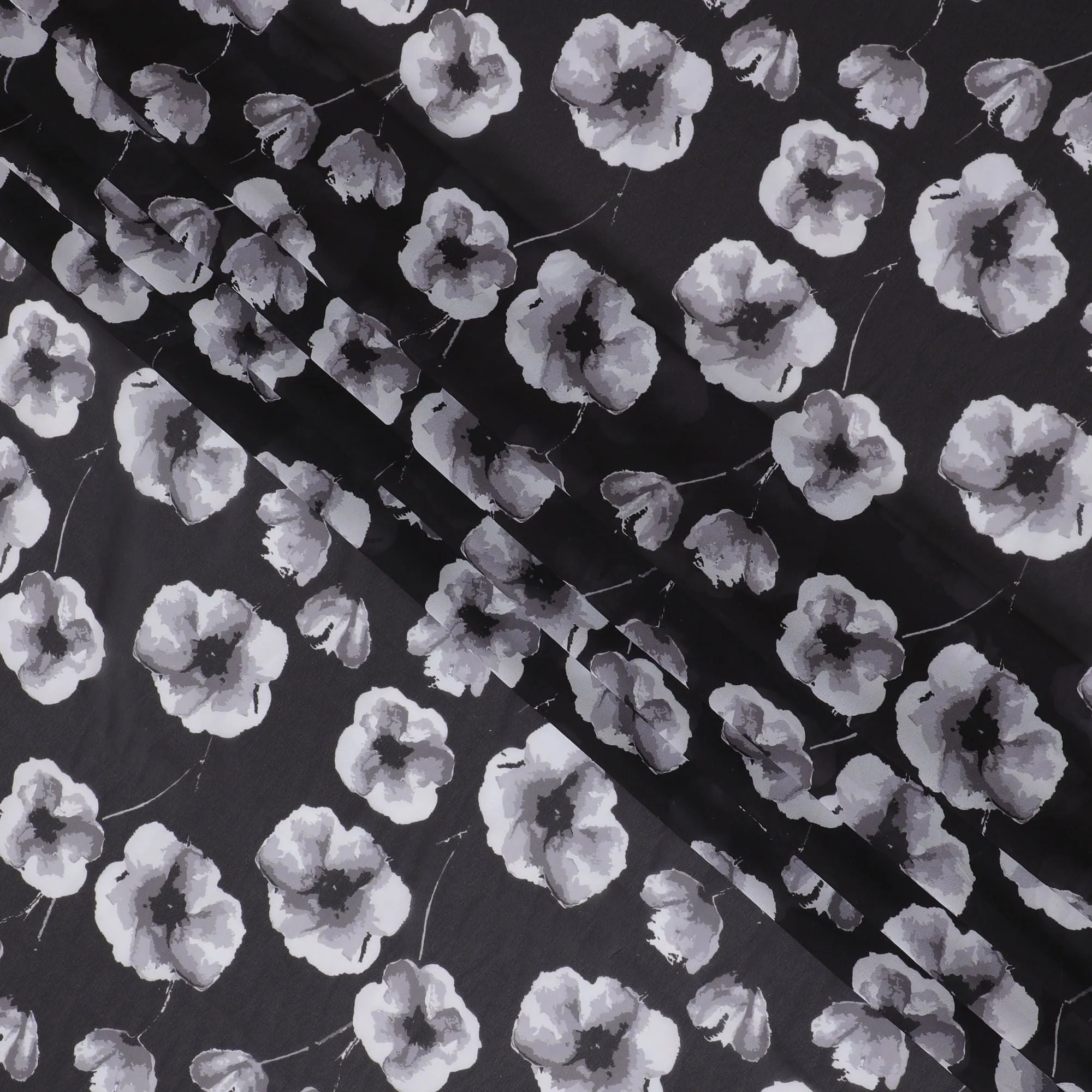 Classic Monochrome Floral Synthetic Modal Satin Fabric - 110cm Wide, Elegant Black and White Design-Shop Online in Meters-D18336