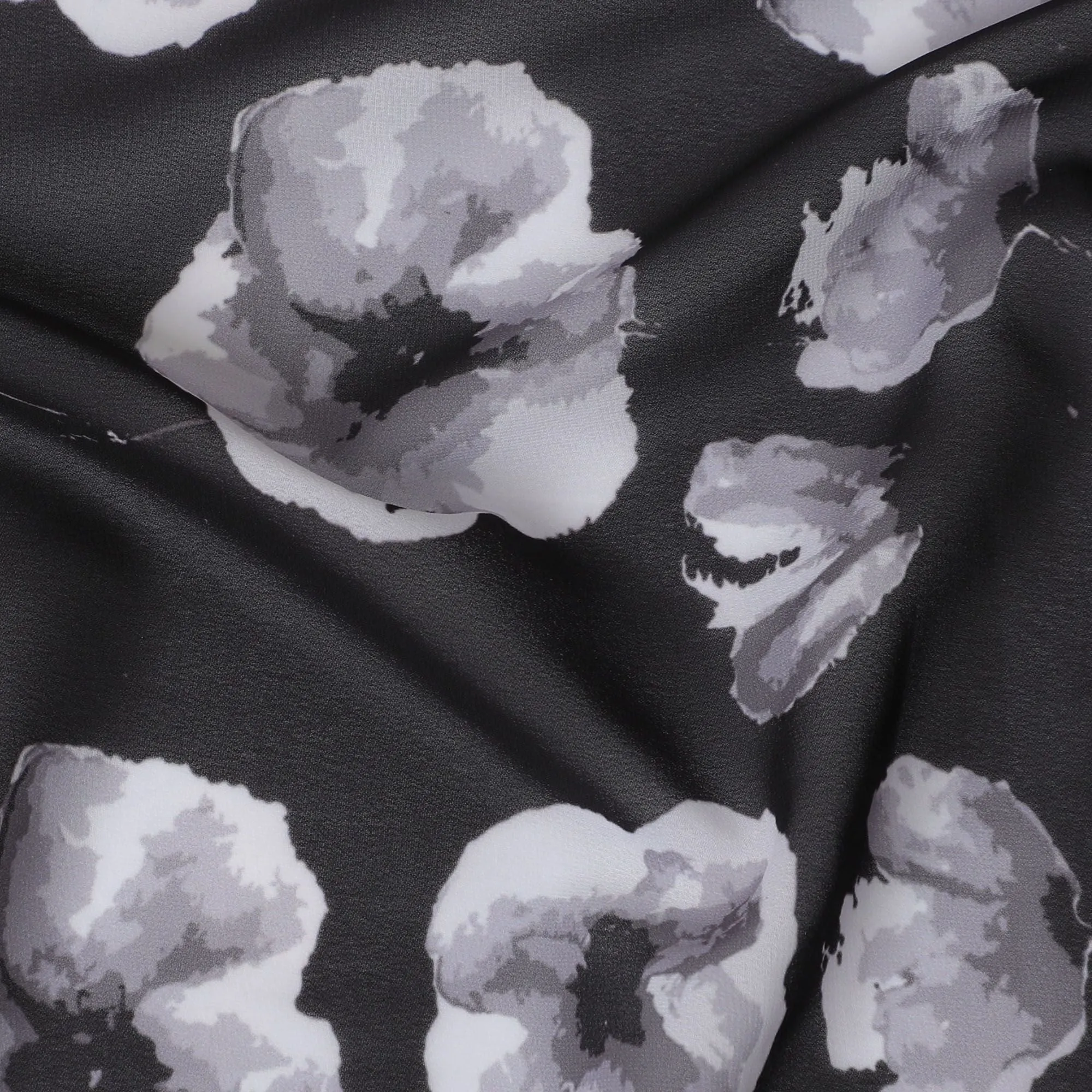 Classic Monochrome Floral Synthetic Modal Satin Fabric - 110cm Wide, Elegant Black and White Design-Shop Online in Meters-D18336