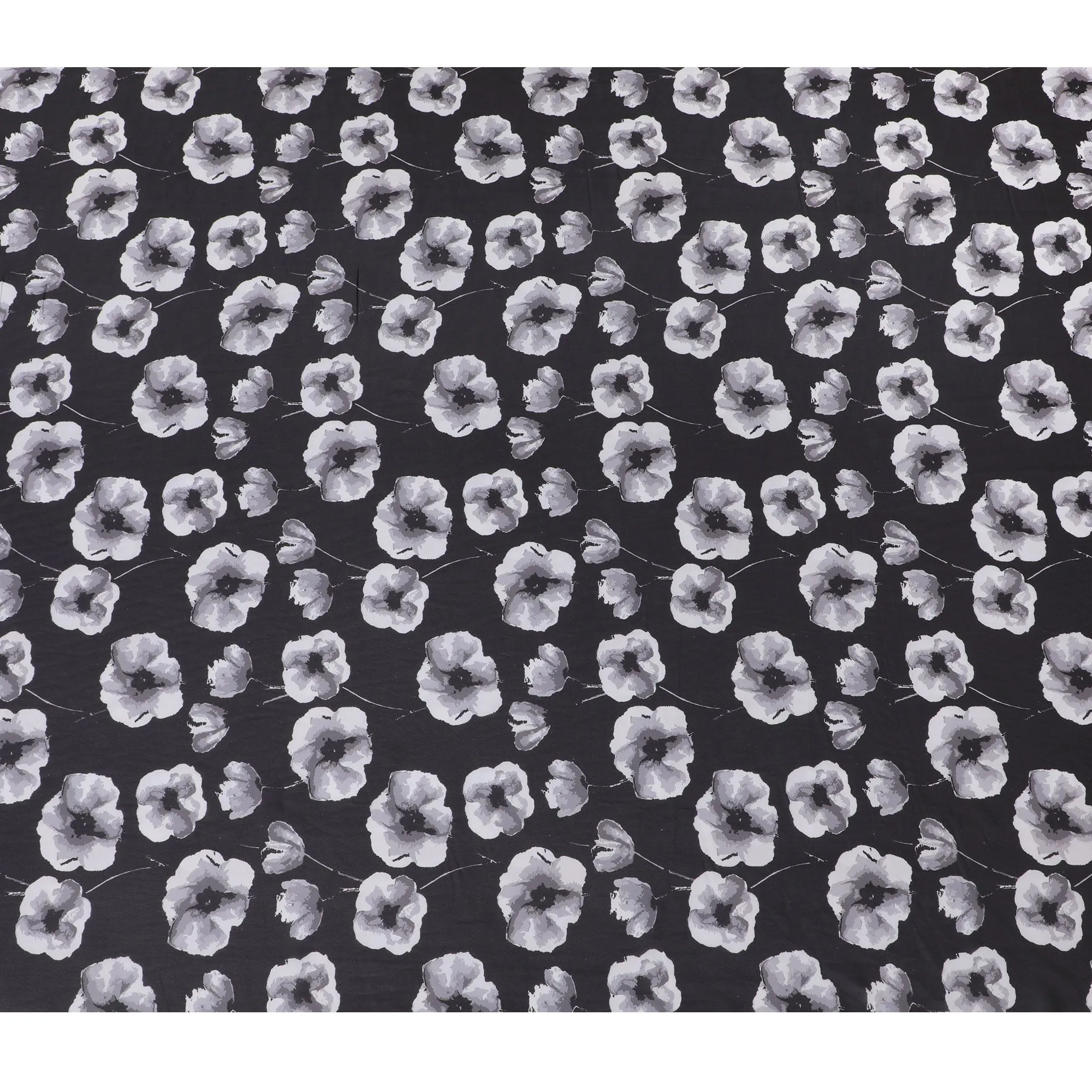 Classic Monochrome Floral Synthetic Modal Satin Fabric - 110cm Wide, Elegant Black and White Design-Shop Online in Meters-D18336