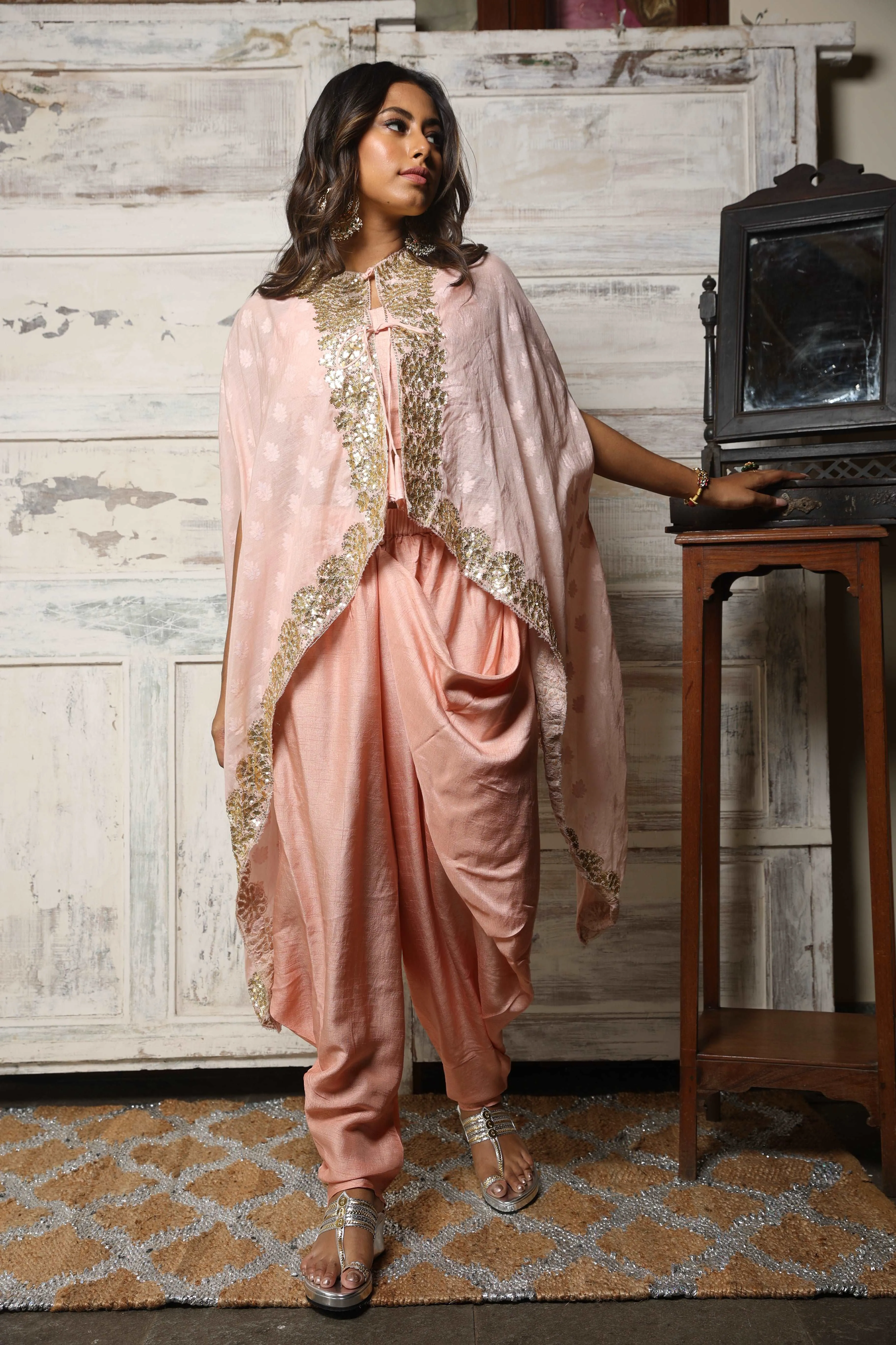 Collared cape & draped pant set