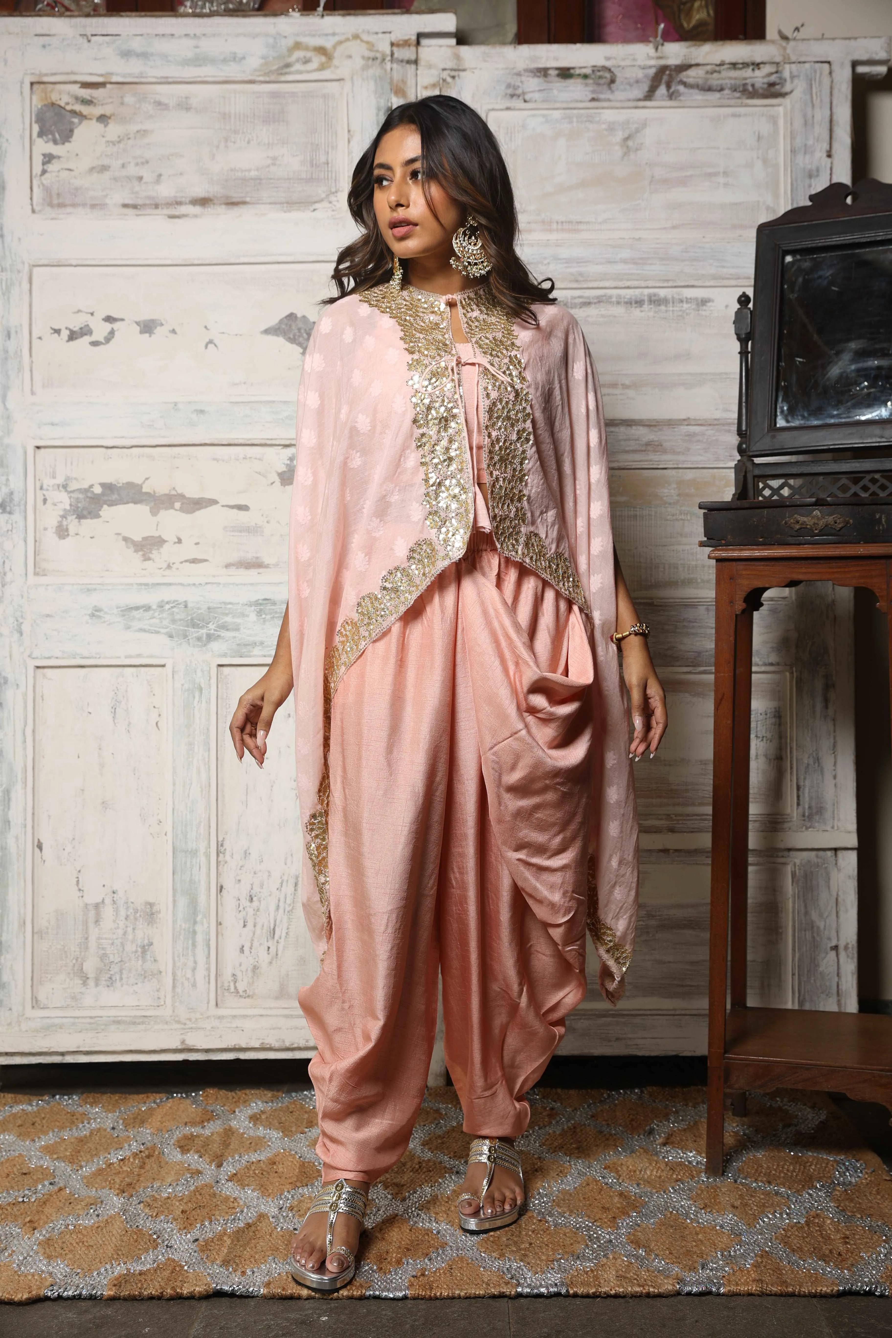 Collared cape & draped pant set