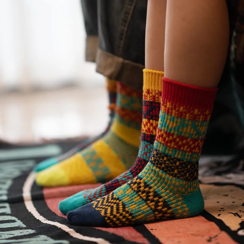 Colorful Ethnic Patterns Striped Cotton Crew Socks