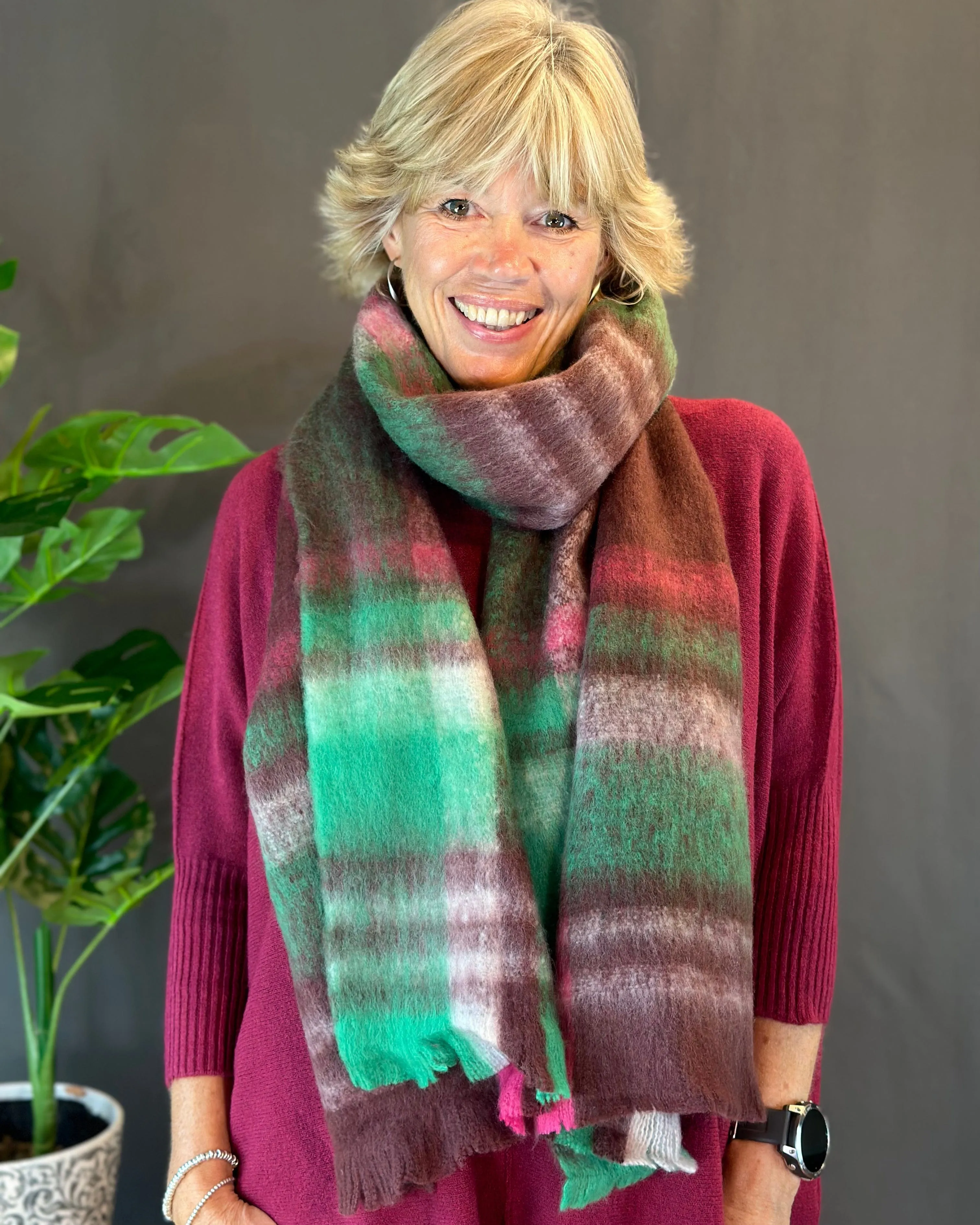 Cosy Winter Check/Striped Scarf -  Burgundy/Green