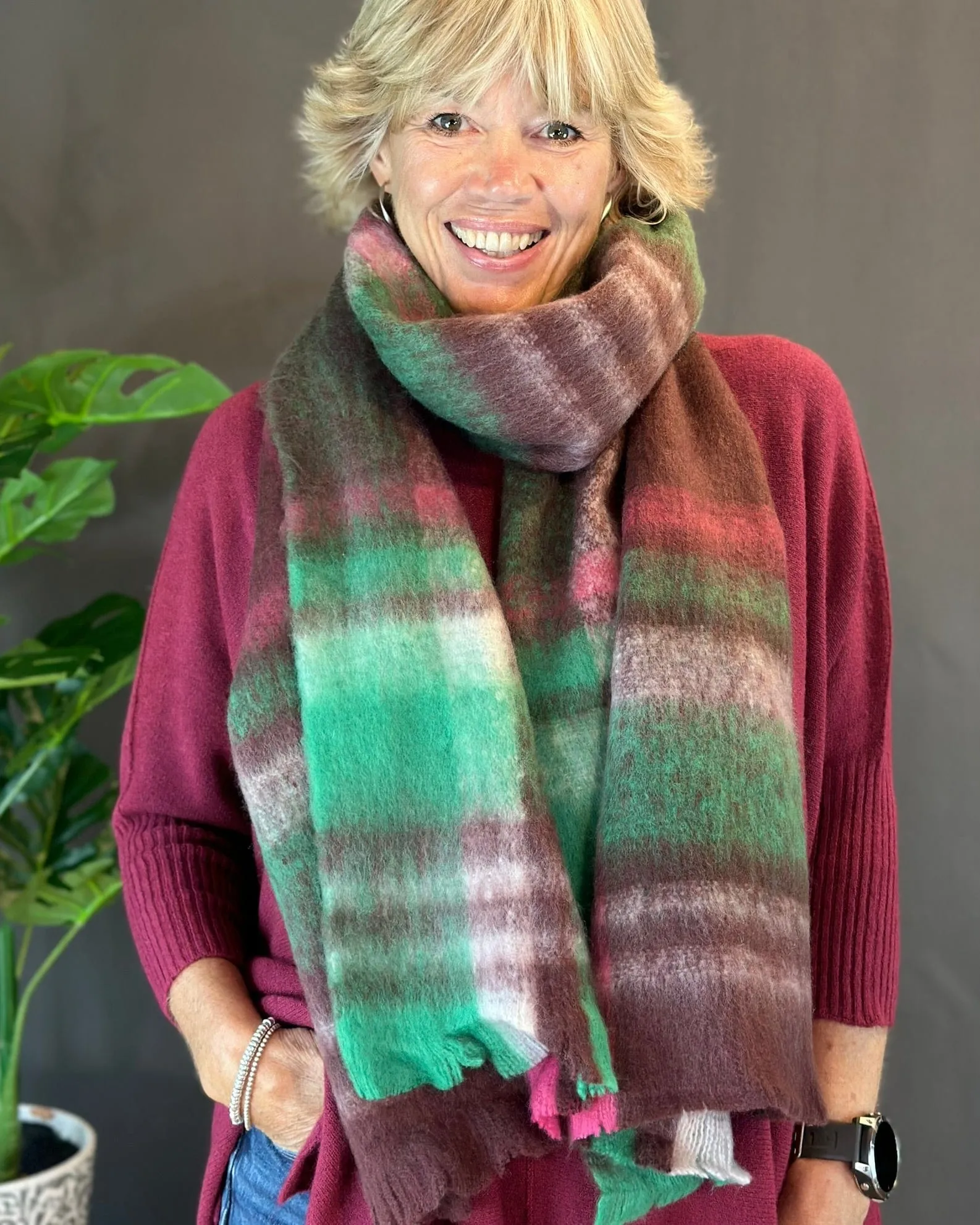 Cosy Winter Check/Striped Scarf -  Burgundy/Green