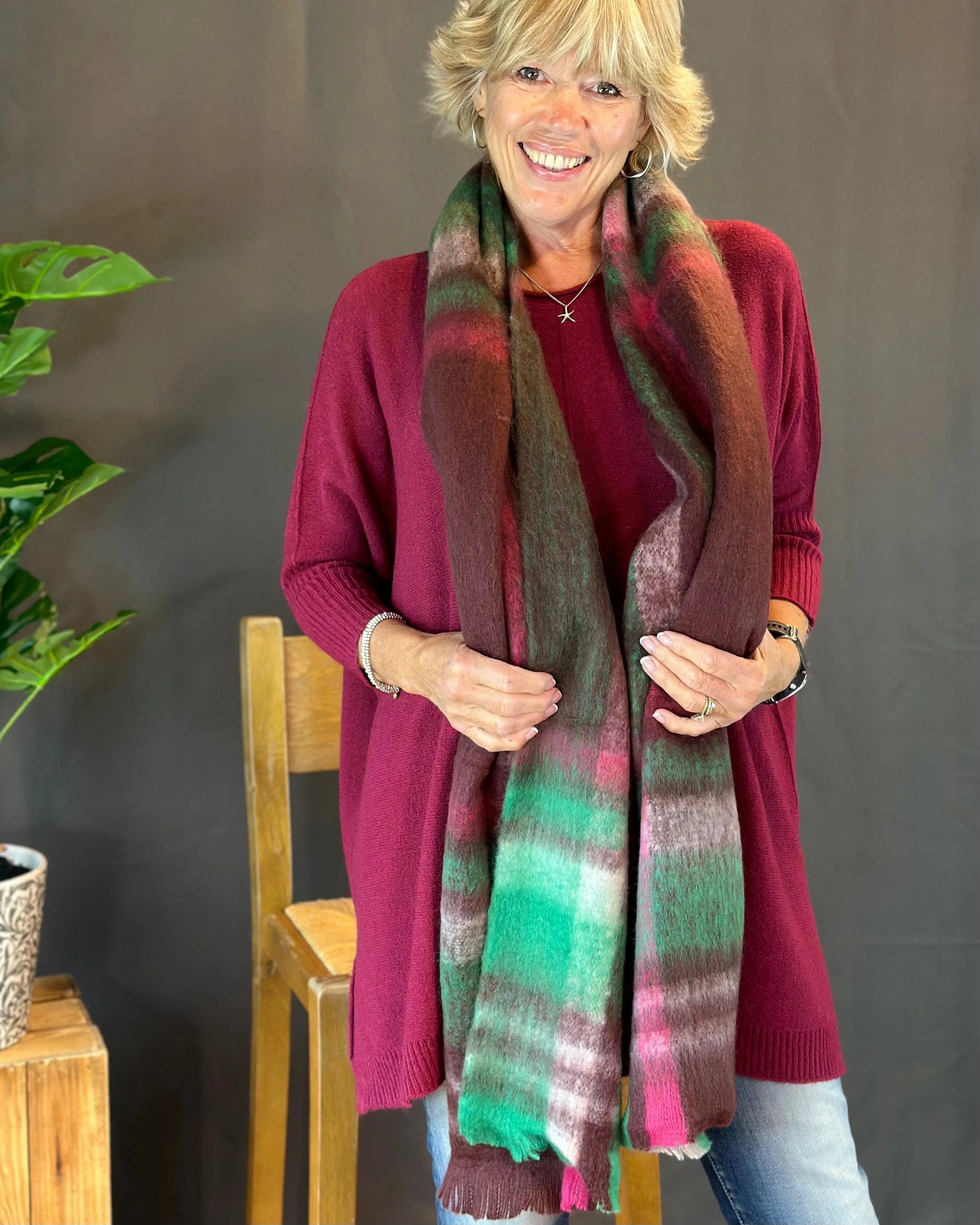 Cosy Winter Check/Striped Scarf -  Burgundy/Green