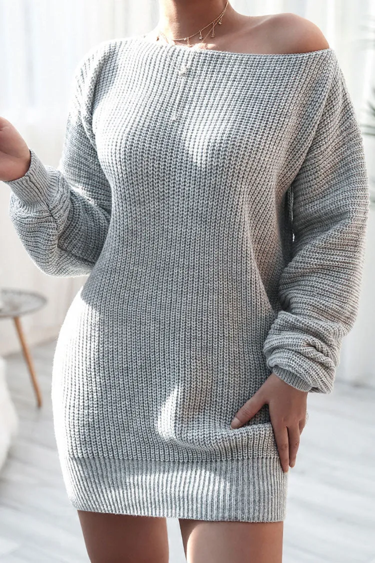 Cozy Winter Boat Neck Long Sleeve Textured Sweater Mini Dress - Gray