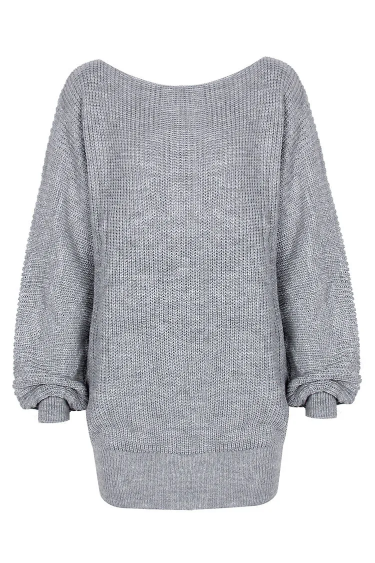 Cozy Winter Boat Neck Long Sleeve Textured Sweater Mini Dress - Gray