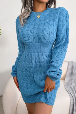 Cozy Winter Fisherman Cable Knit Bodycon Sweater Mini Dress - Blue