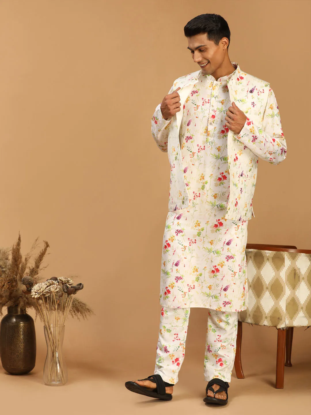 Cream Printed Nehru Jacket & Multicolor Kurta Set