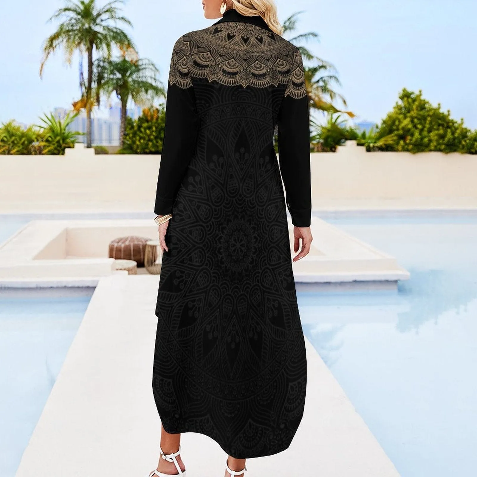 Custom Face & Name Black Pattern Women's Long Sleeved Shirt Dress Casual Loose Maxi Dresses