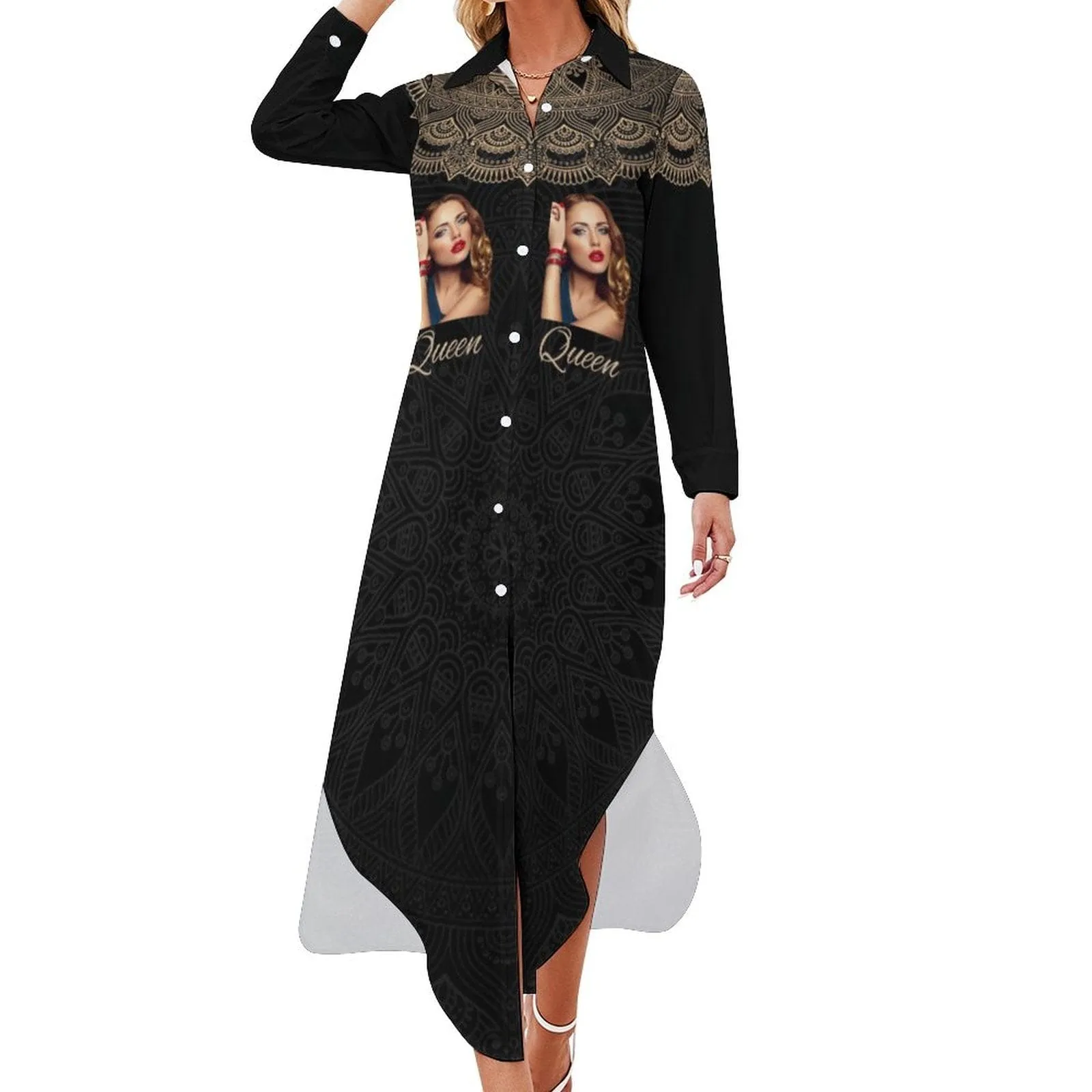 Custom Face & Name Black Pattern Women's Long Sleeved Shirt Dress Casual Loose Maxi Dresses