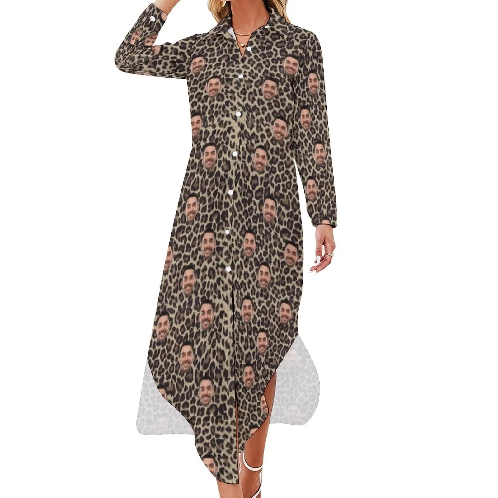 Custom Face  Button Down Longline Shirts Leopard Print Women's Long Sleeved Shirt Dress Casual Loose Maxi Dresses