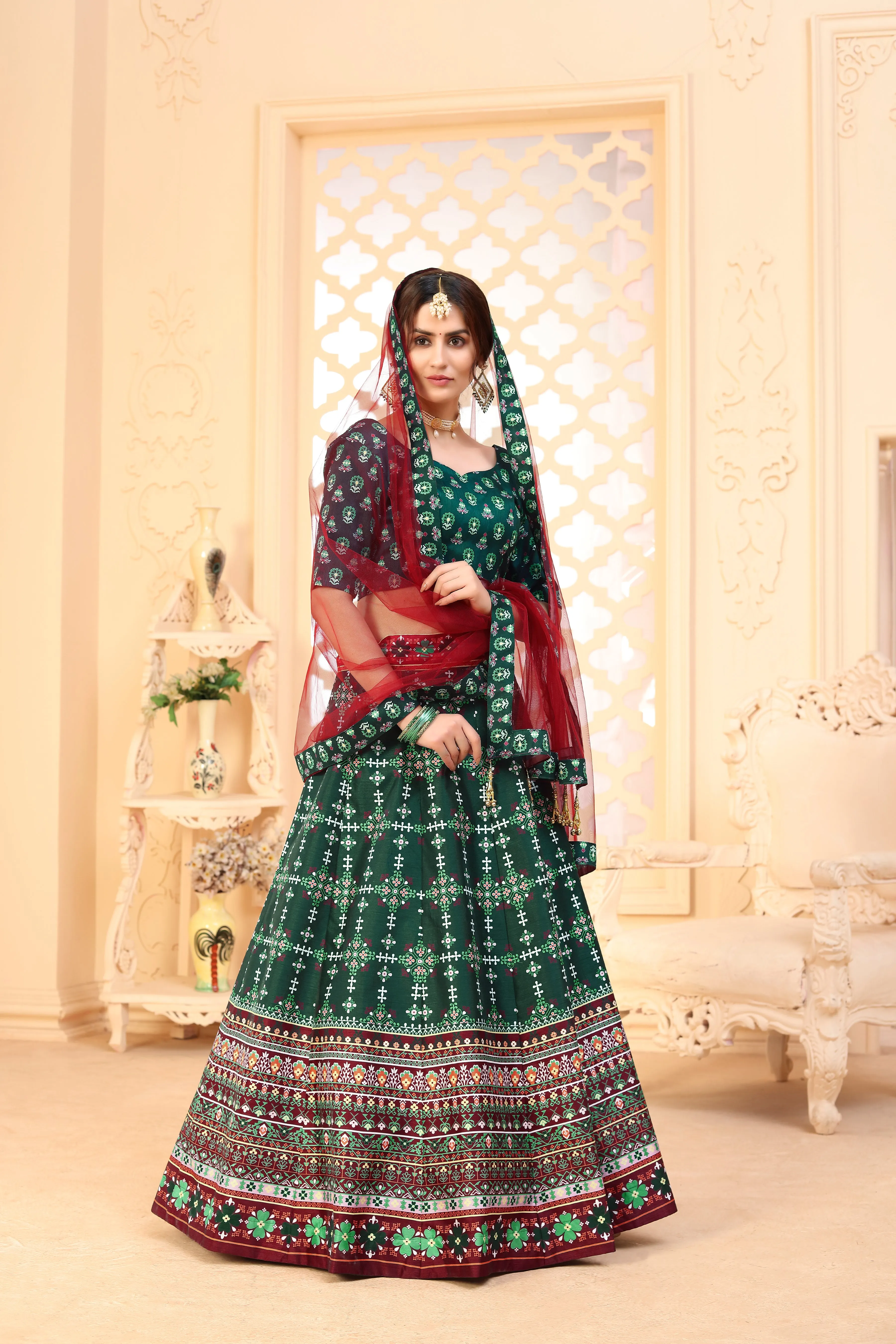 Dark Green Color Art Silk Fabric Printed Function Wear Fancy Lehenga Choli