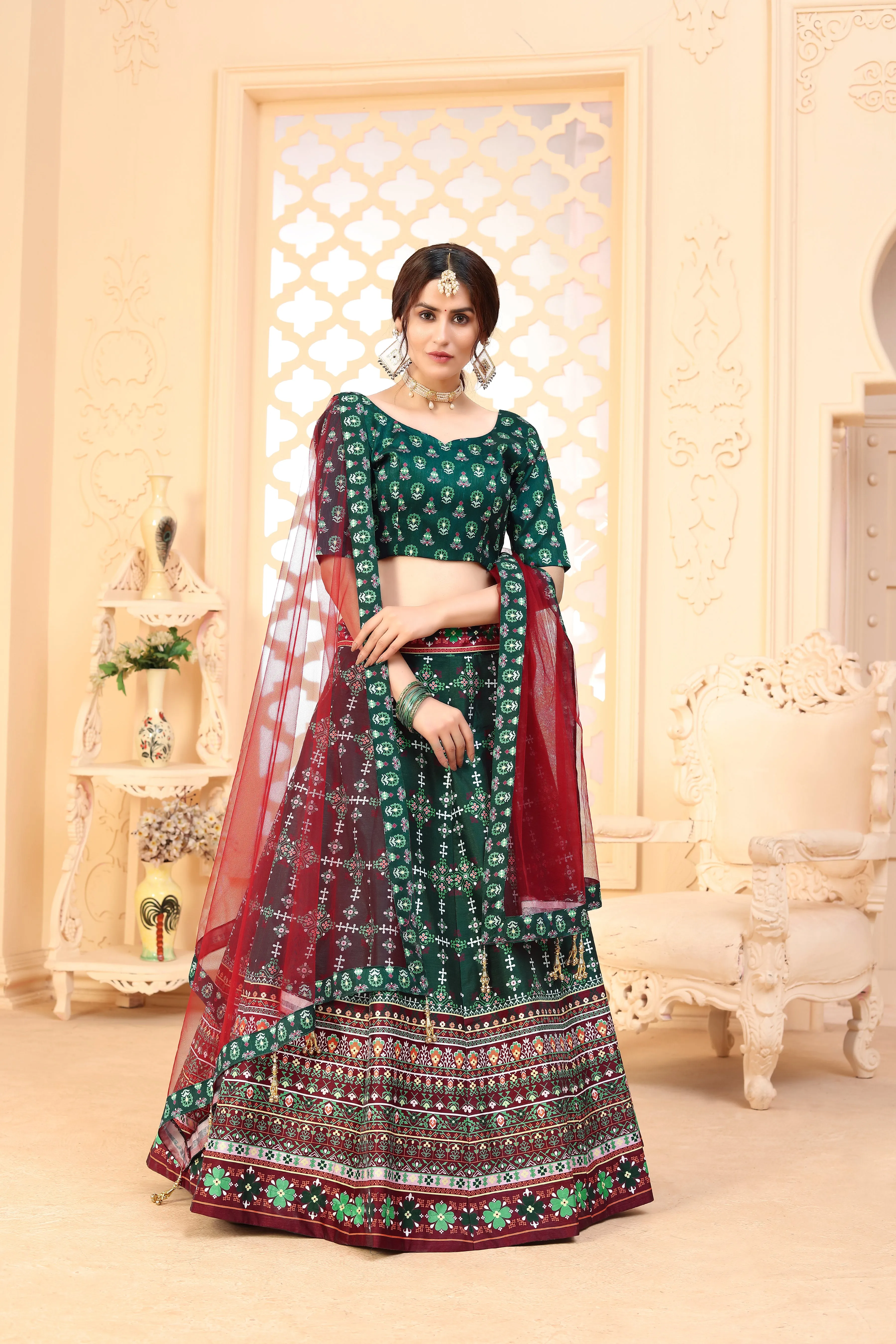 Dark Green Color Art Silk Fabric Printed Function Wear Fancy Lehenga Choli