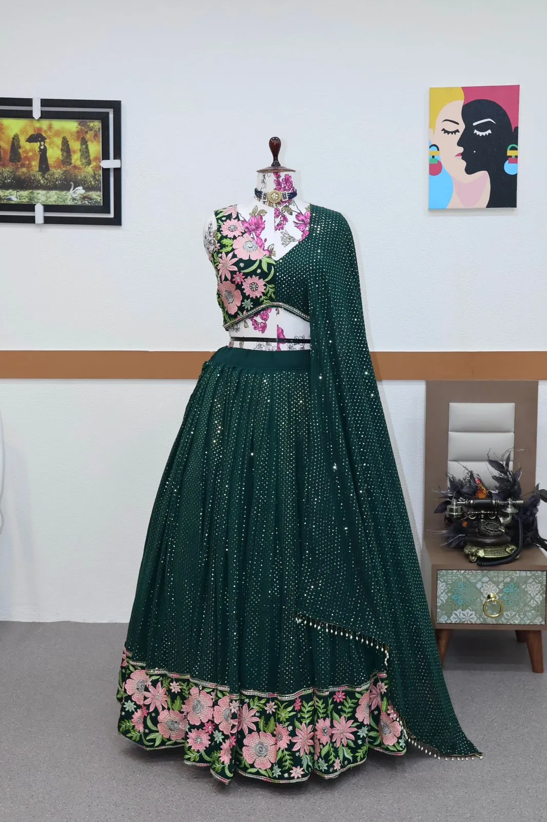 Dark Green Lehenga Choli With Sequence Embroidery Work