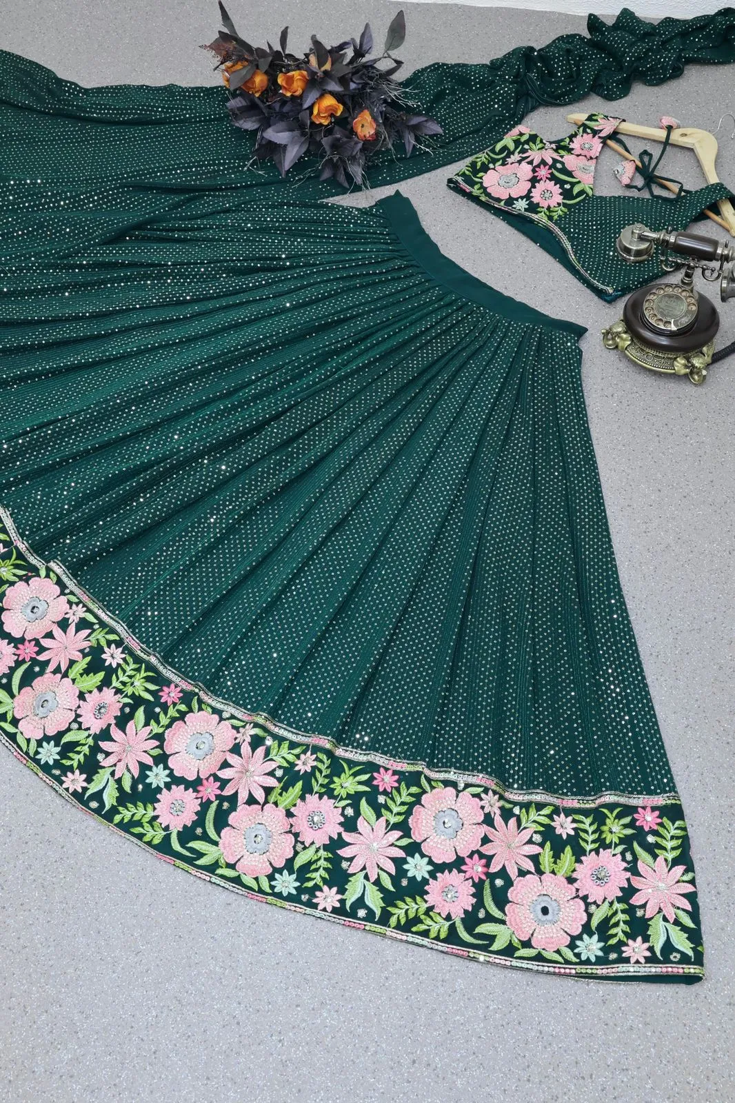 Dark Green Lehenga Choli With Sequence Embroidery Work