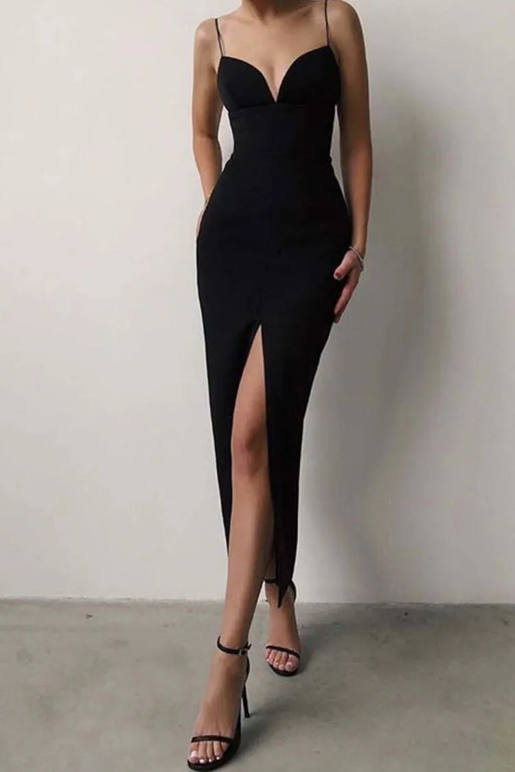 Deep V High Slit Sleeveless Bandage Cocktail Party Maxi Dress - Black