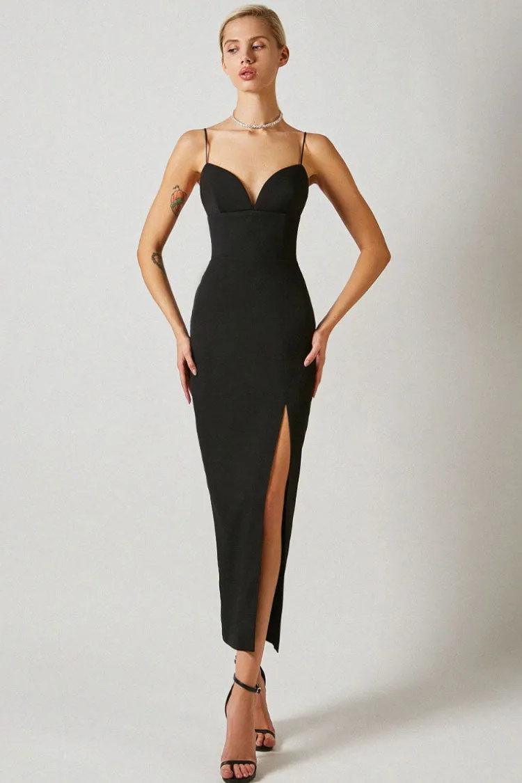 Deep V High Slit Sleeveless Bandage Cocktail Party Maxi Dress - Black