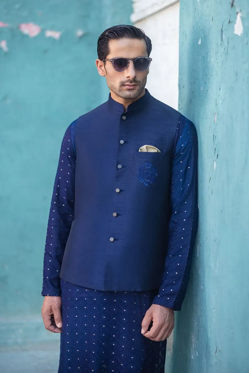 Deepak Perwani  - mof1897-1 & jkt1452 - Royal Blue - Raw Silk - 3 Piece