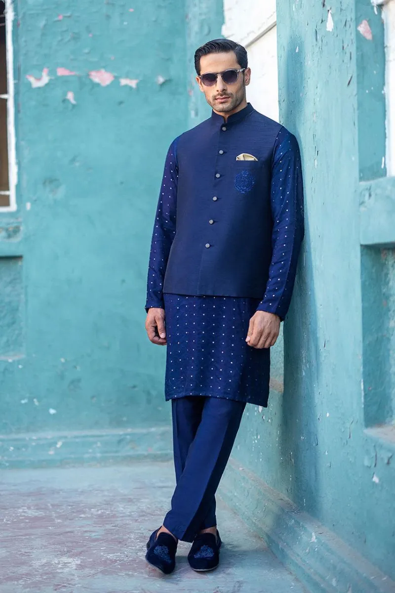 Deepak Perwani  - mof1897-1 & jkt1452 - Royal Blue - Raw Silk - 3 Piece