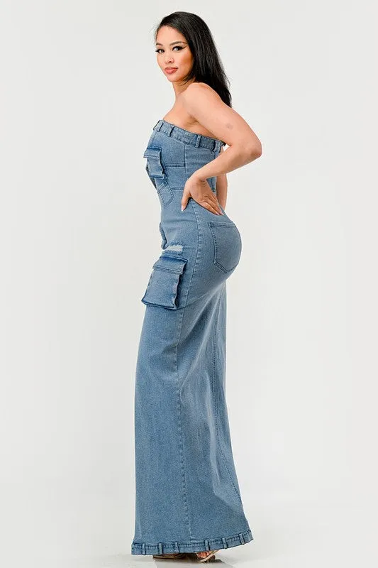 Denim Cargo Long Maxi Dress