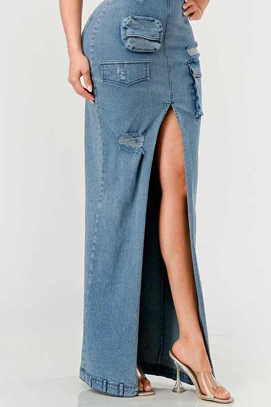 Denim Cargo Long Maxi Dress